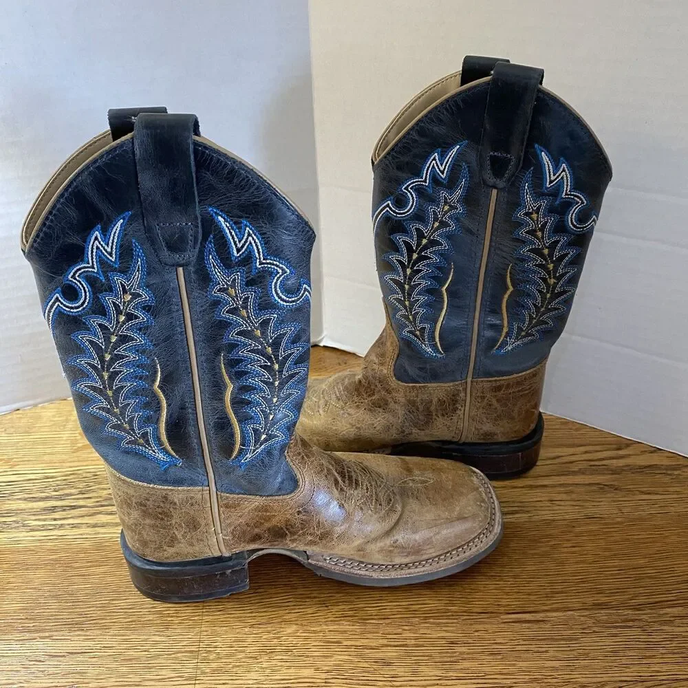 Old West Boys Square Toe Leather Cowboy Boots Sz 1.0 D Brown/Blue Pull On